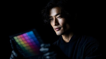 An Asian man in a dark environment intently examines a flexible OLED screen displaying a vibrant color palette focusing on advanced display