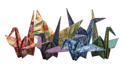 Group of colorful origami cranes