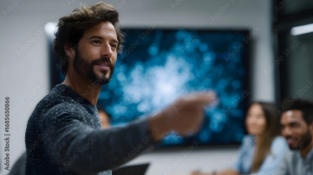 Aufkleber confident man with beard presents pointing at a large digital screen displaying abstract data to his