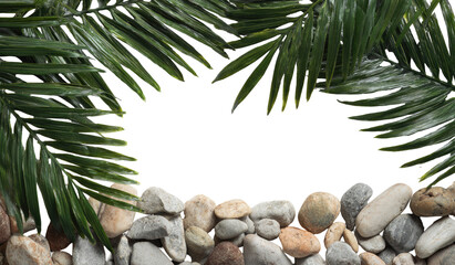 Tropical frame of palm leaves and stones