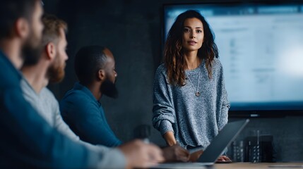 A diverse business team engages in a focused collaborative meeting with a woman leading a presentation on a large screen in a modern office