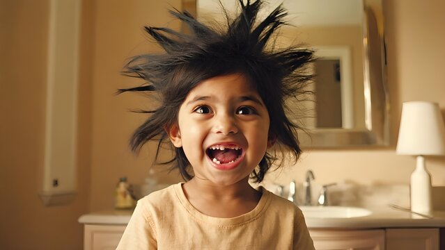 Happy child with messy static hair smiling in bathroom, funny portrait of playful little kid showing teeth and joy, energetic lifestyle concept for family and childhood moments