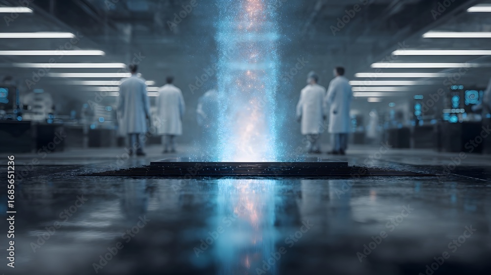 Poster a glowing quantum energy core illuminates an advanced research laboratory with scientists observing 