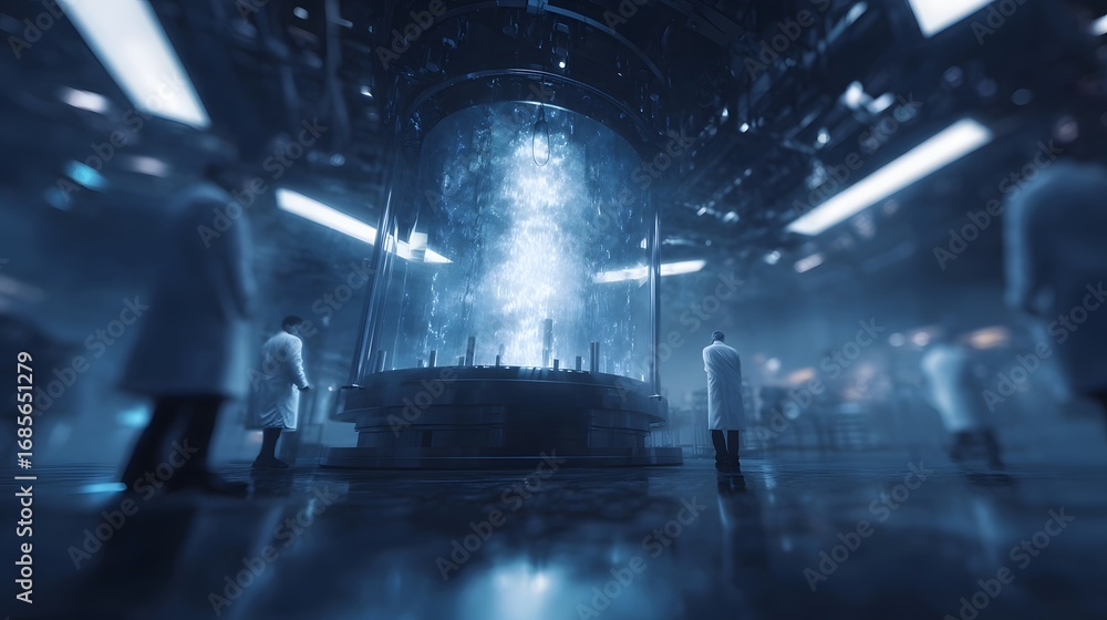 Aufkleber researchers in a futuristic laboratory observe a glowing blue energy core within an advanced experim