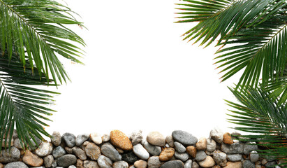 Tropical frame of palm fronds and stones