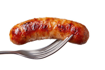 Close-up of a single cooked sausage on a fork