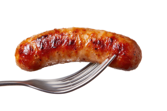 Close-up of a single cooked sausage on a fork