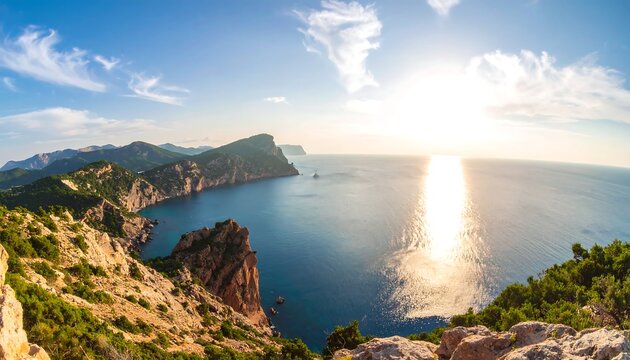 Panoramic coastal vista at sunrise