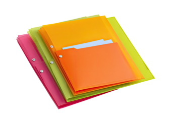 Stacked colorful plastic folders, with pockets and punched holes
