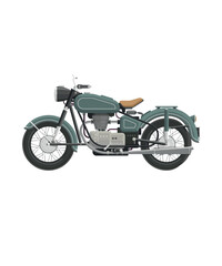 Obraz premium Vintage Motorcycle Illustration of Classic Two Wheeled Vehicle, An Artistic Depiction of a Teal Antique Motorbike with Brown Seat