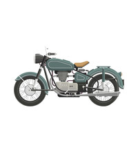 Obraz premium Vintage Motorcycle Illustration of Classic Two Wheeled Vehicle, An Artistic Depiction of a Teal Antique Motorbike with Brown Seat