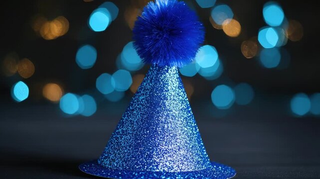 A bright blue party hat with a fluffy pom pom on top, perfect for festive occasions or as a fun accessory