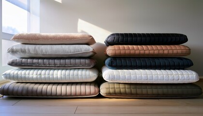 multiple stacked mattresses displaying various colors and textures in a well lit indoor setting during daytime