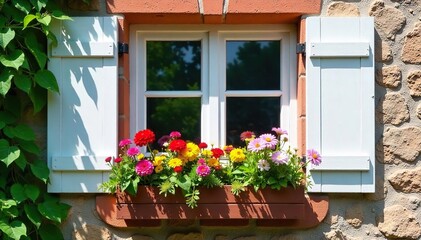 Charming window box overflowing with colorful flowers adorns a rustic window with white shutters, creating a picturesque scene of summer bloom , architecture, delightful, facade