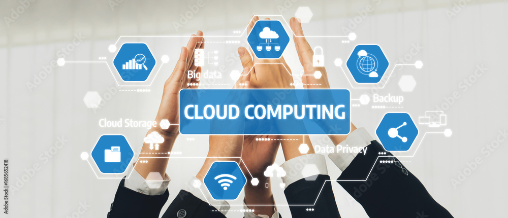 Poster hands symbolize collaboration in cloud computing alongside digital icons representing data storage, 