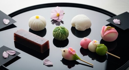 Traditional Japanese Wagashi sweets for tea ceremony and celebrations isolated on white background