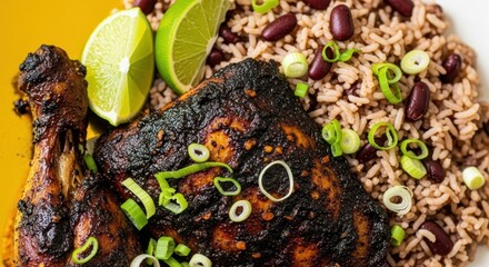 Delicious Jerk Chicken with Rice and Peas and Lime Garnishes on Yellow Plate