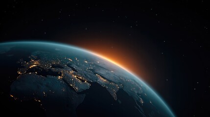 Dramatic view of Earth at dawn showcasing vibrant colors and city lights below