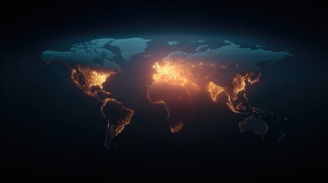 Glowing world map illuminated with fiery details, showcasing continents in vibrant colors