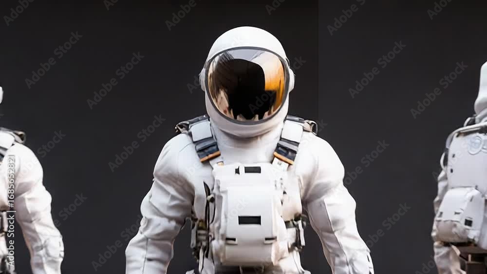 Poster astronaut wearing advanced spacesuit standing on dark background