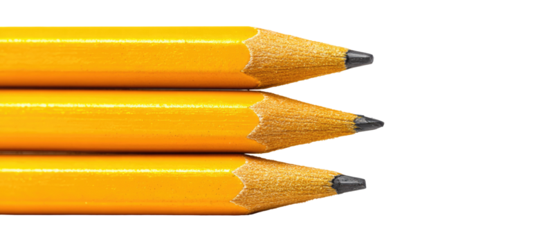 Three yellow pencils stacked horizontally against a black background.  The pencils have pointed graphite tips
