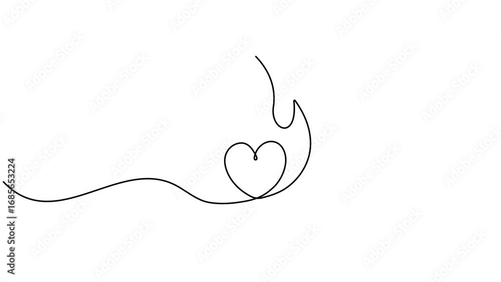 Poster burning fire flame continuous line drawing animated video. heart shape inside fire. love symbol anim