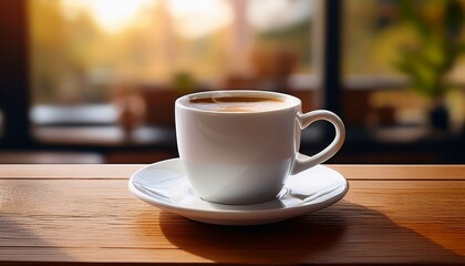 Fototapeta premium a cozy coffee break scene a white coffee cup with a saucer is positioned centrally on a wooden surface likely a table or countertop