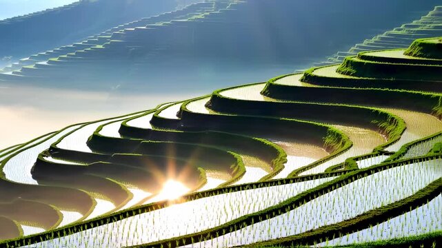 Radiant sunrise over lush, tiered rice paddies in Asia creates an ethereal landscape scene