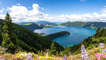 Panoramic alpine lake view, lush greenery, bright sky