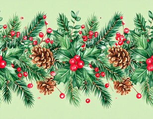 Christmas garland border of pine boughs, holly, berries, and pinecones