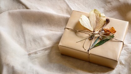 elegant still life with pressed flower gift box on natural linen and neutral beige backdrop