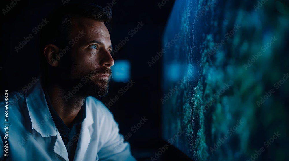 Poster focused scientist in a dark lab monitors an intricate virtual ecosystem simulation on a glowing scre