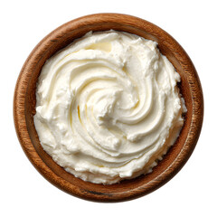 Wooden bowl with sour cream top view isolated on trasparent or white backgroun