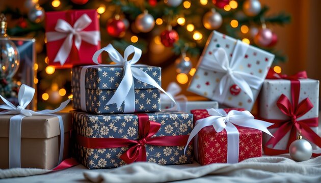 A festive Christmas scene with multiple gift boxes adorned with ribbons in various colors
