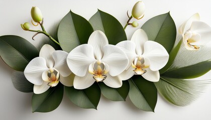 Obraz premium elegant white orchid blossoms are shown with delicate buds and soft green leaves against a light background creating a simple and graceful floral arrangement