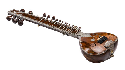 Traditional sitar with rich wooden body intricate details and stringed musical instrument craftsmanship transparent background
