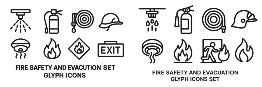 Collection of fire safety and evacuation glyph icons featuring equipment and emergency symbols for safety awareness