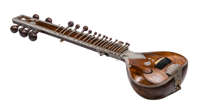 Traditional sitar with rich wooden body intricate details and stringed musical instrument craftsmanship transparent background