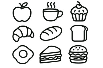 Food and drink icons featuring fruits, pastries, and meals in a simple black and white design