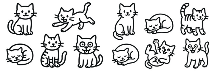 Various cute and playful cartoon cats engaging in different activities on a white background