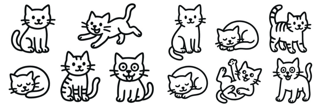 Various cute and playful cartoon cats engaging in different activities on a white background