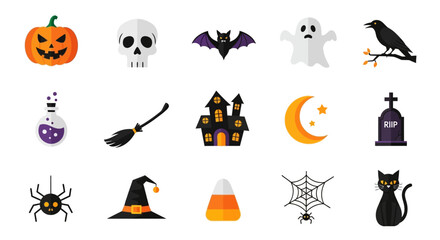 Halloween Icon Vector Set – Pumpkin, Ghost, Bat, Skull, Witch Hat, and Spooky Elements