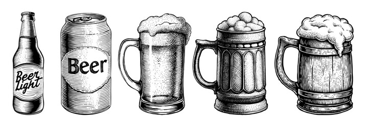 Beer containers in a woodblock print style, in black and white, showing various drinkware types
