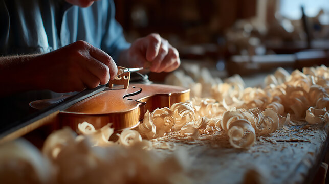 Closeup of a luthier carefully crafting a violin, with wood shavings scattered around the instrument in a workshop setting