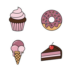 Set of four delightful sweet treats including a cupcake, donut, ice cream cone, and slice of cake with cherry topping, presented in a clean graphic illustration style on a white background