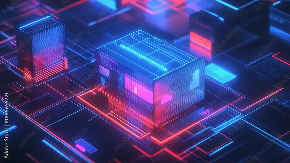 Aufkleber futuristic server processing data in a complex neon circuitry environment