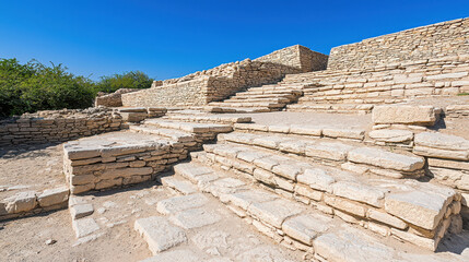 Majestic ruins of ancient stone structures with steps, showcasing historical architecture under clear blue sky. serene atmosphere surrounds site