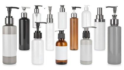 Assortment of various, unlabeled pump-top bottles of different shapes, sizes, and colors against white backdrop