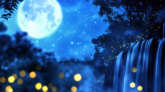 Serene moonlit scene featuring waterfall under starry sky, illuminated by soft glowing lights, creating magical atmosphere