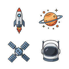 Space Exploration Icons Rocket, Planet, Satellite, Astronaut Helmet